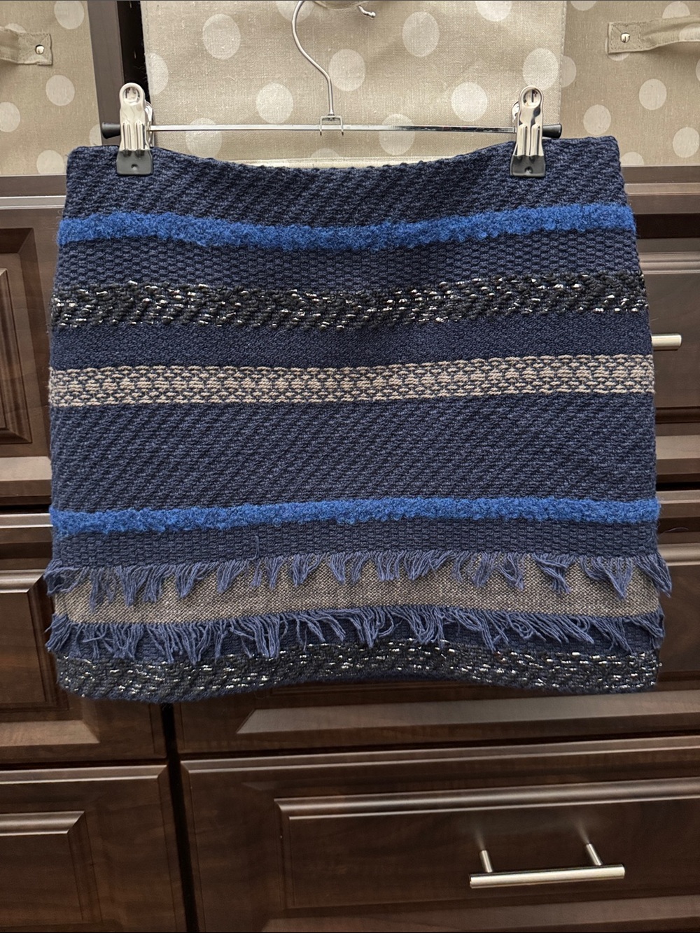 Alice and Olivia Textured Navy and Blue Fringe Mini skirt